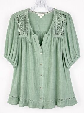 Mason & Belle Sage Green Gauze Blouse Large Boho Lace Trim Peasant Top